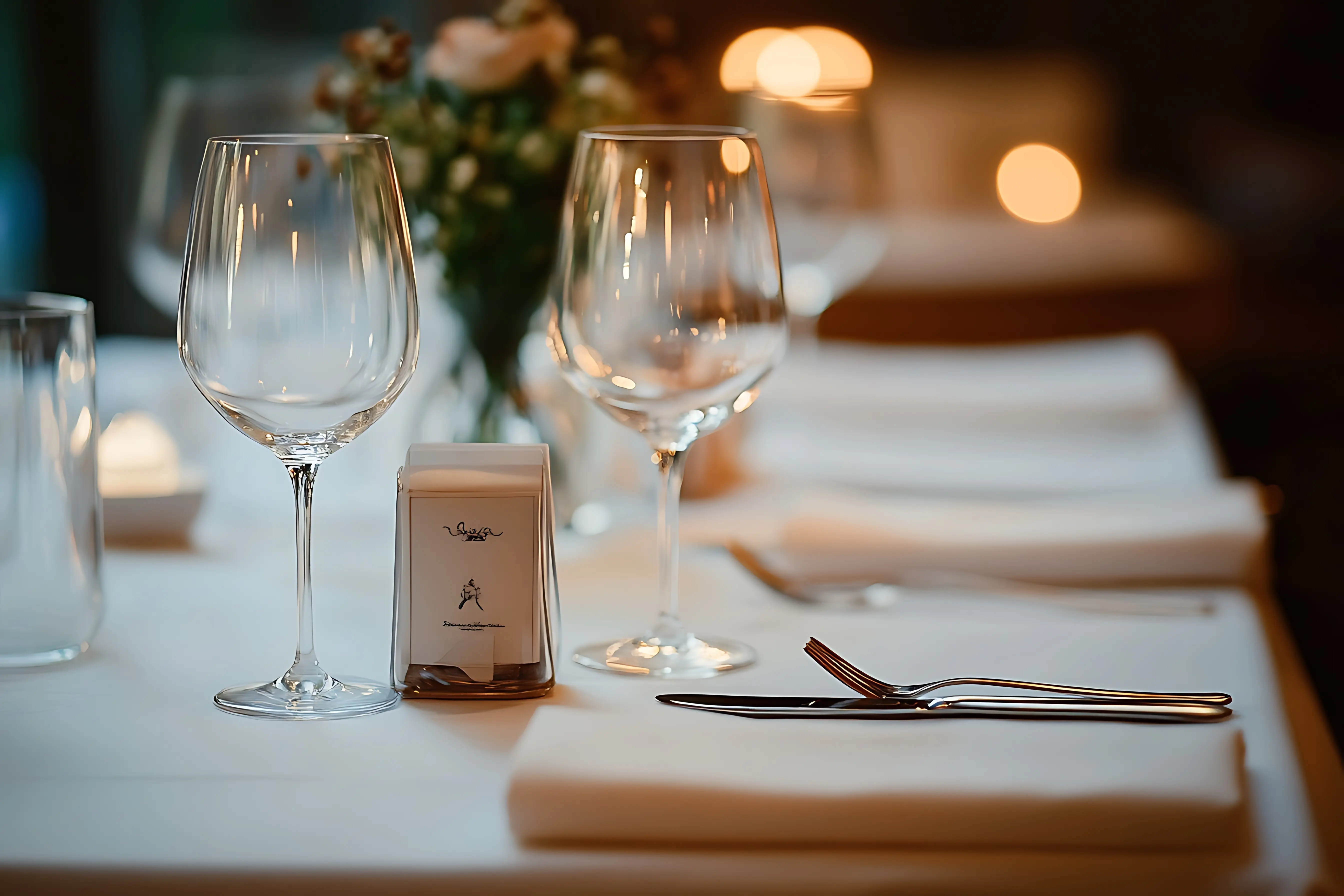 a table featuring wine glasses and a napkin with silverware, with a flower in the background
