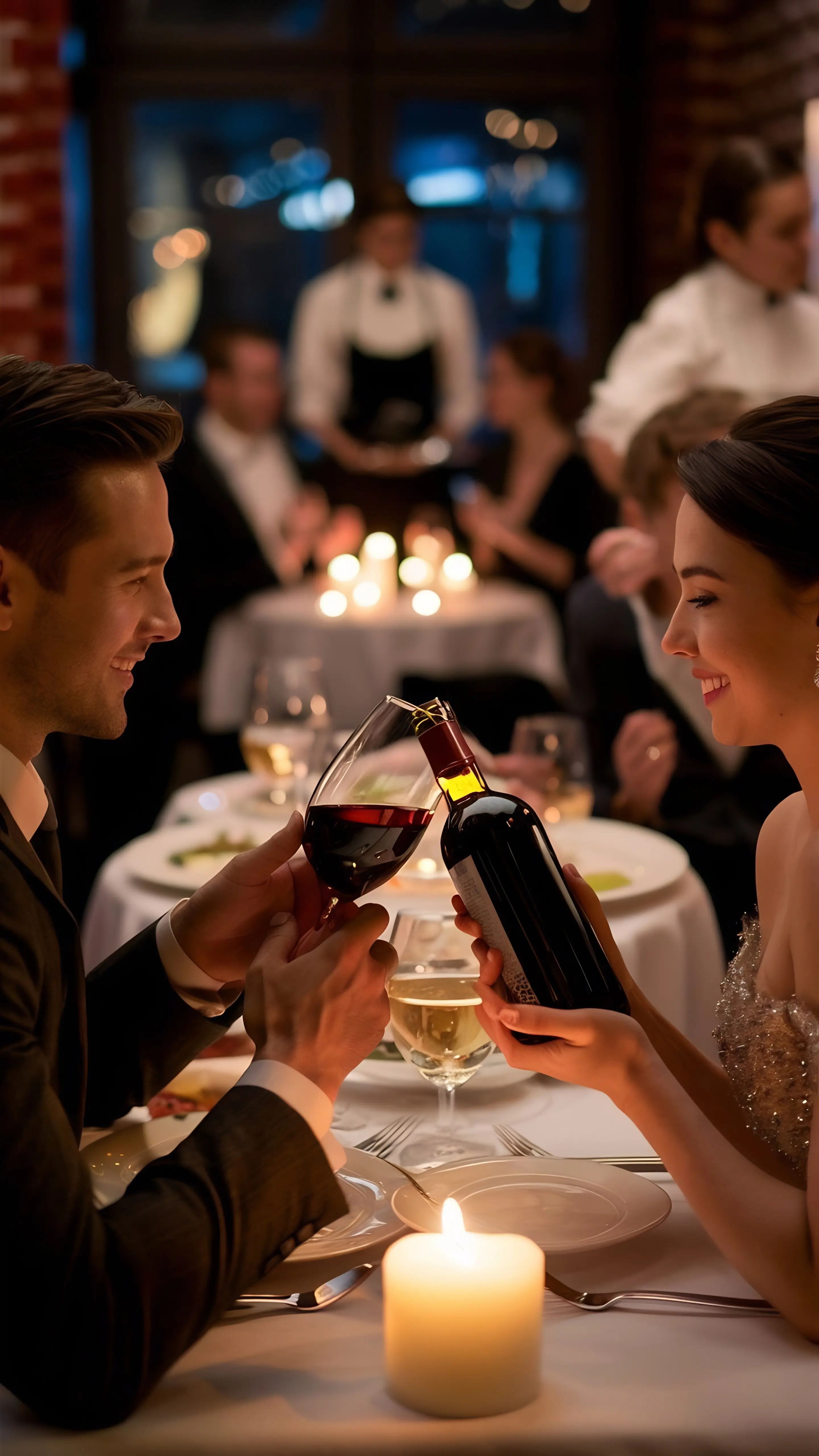 A romantic couple having wine at a restaurant.