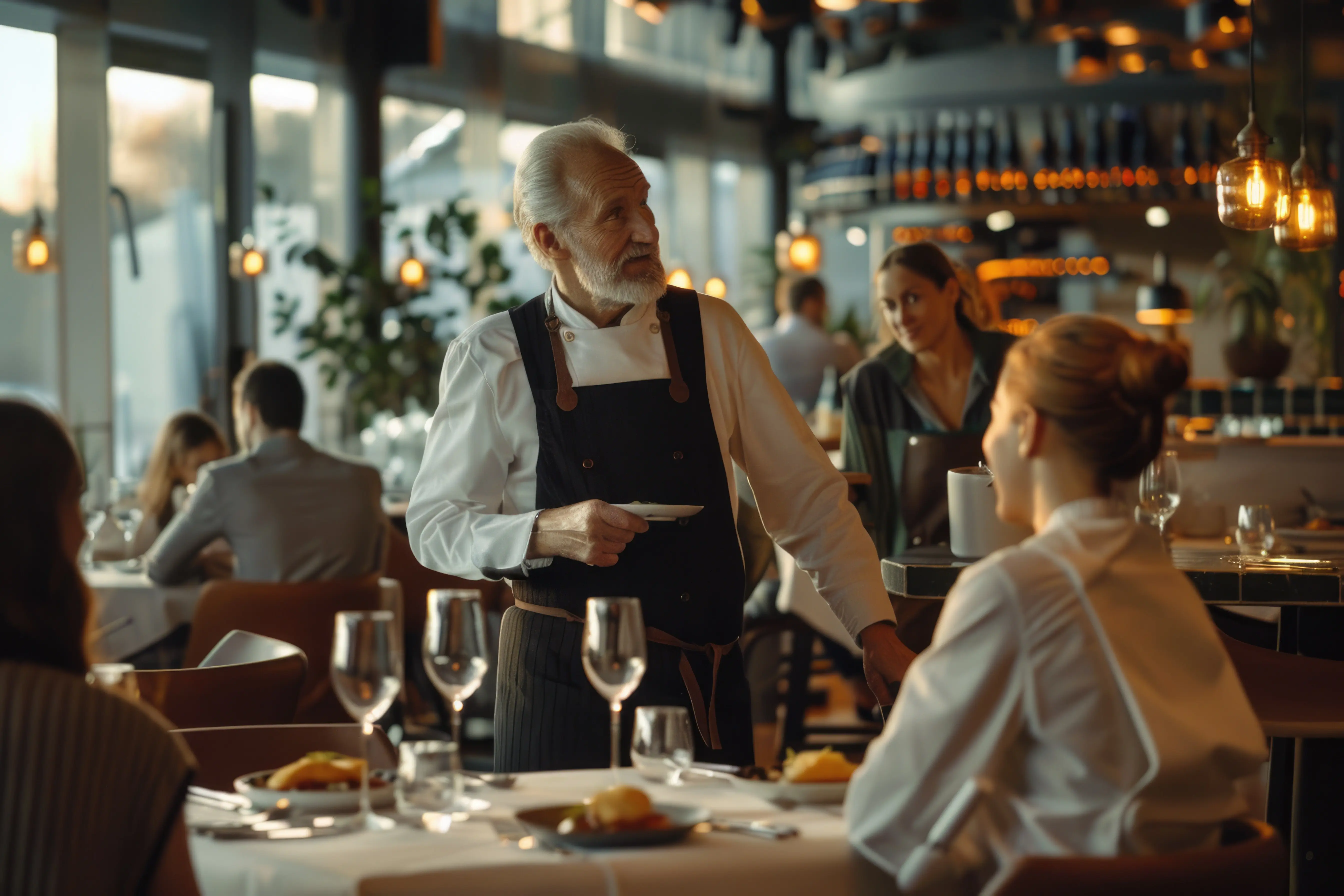Senior employees helping junior staff at the restaurant